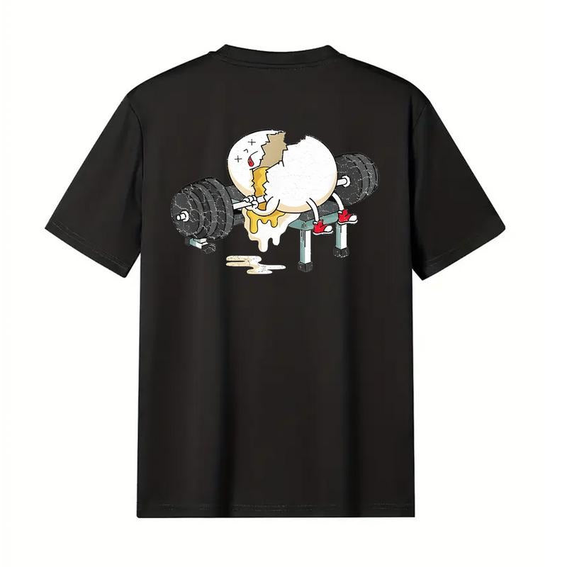 Men's Summer Cotton T-shirt with Broken Egg And Barbell Cartoon Pattern Crew Neck Short Sleeve Pure Cotton Hoodie, Sweatshirt