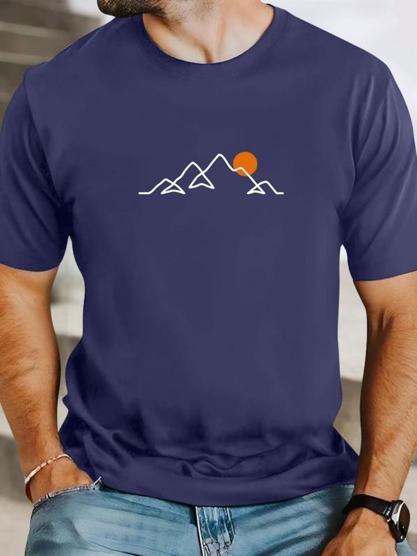 Men's Summer Mountain Line Art Printed Short Sleeve T-Shirt, Fashionable Casual Outdoor Shirt for Hiking and Beach,...