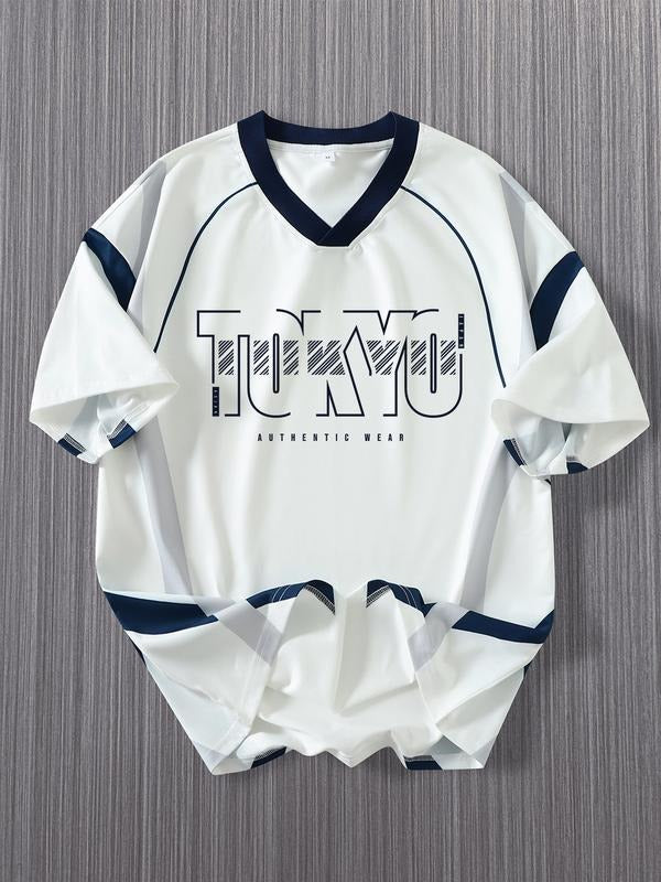 Men's Summer Sporty Fitted Short Sleeve T-Shirt, Japanese Style Cityboy V Neck Tokyo Letter Print Tee, Loose Fit Casual...