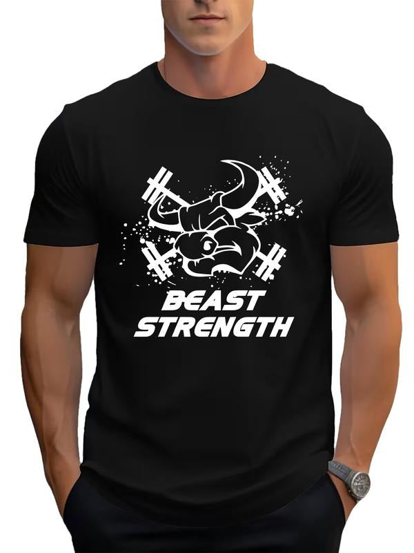 Men's Summer T-Shirt, Beast Power Bull Barbell Gym Print, Casual Short Sleeve Round Neck, Fashionable Daily Wear, Gift...