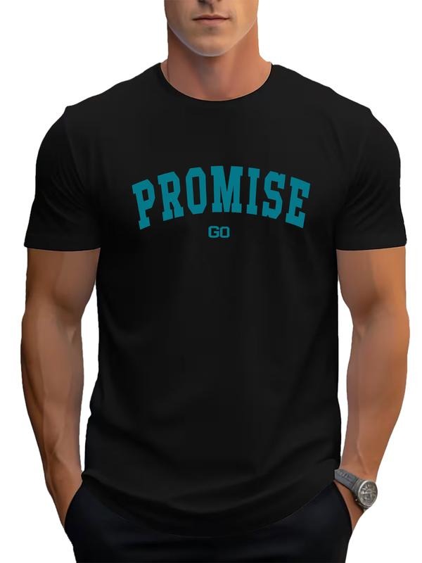 Men's Summer T-Shirt, Promise Go Print Tee, Casual Short Sleeve Round Neck, Fitted Street Style, Fashionable Daily Wear,...