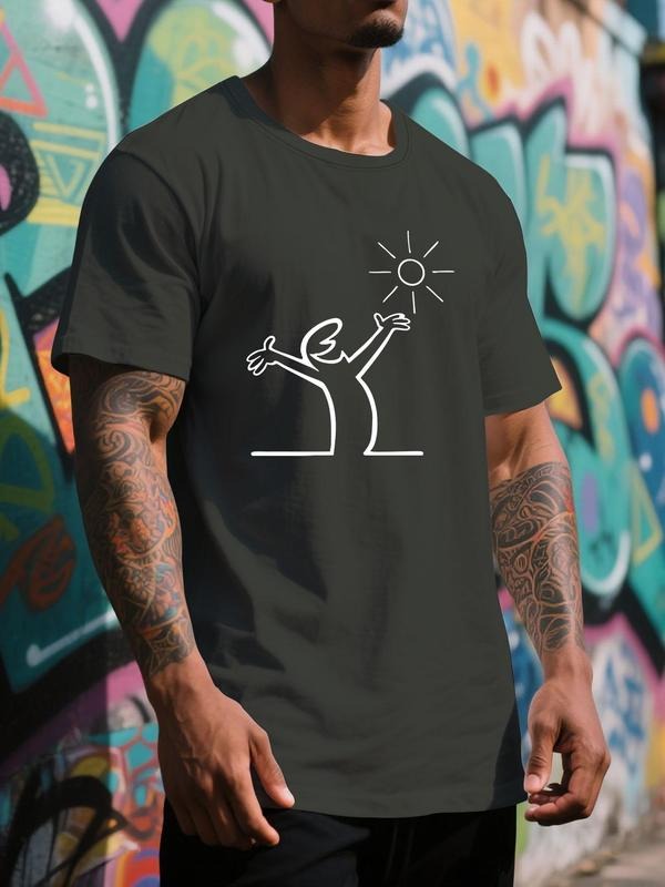 Men's Sun & Man Print Round Neck Graphic Tee, Regular Fit Casual Short Sleeve T-shirt for Summer, Men's Top for Daily...