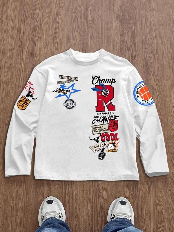 Men's T-Shirt, Spring Autumn Winter Thin Long Sleeve Top, American Print Slim Fit, Campus Streetwear, Trendy Must-Have...