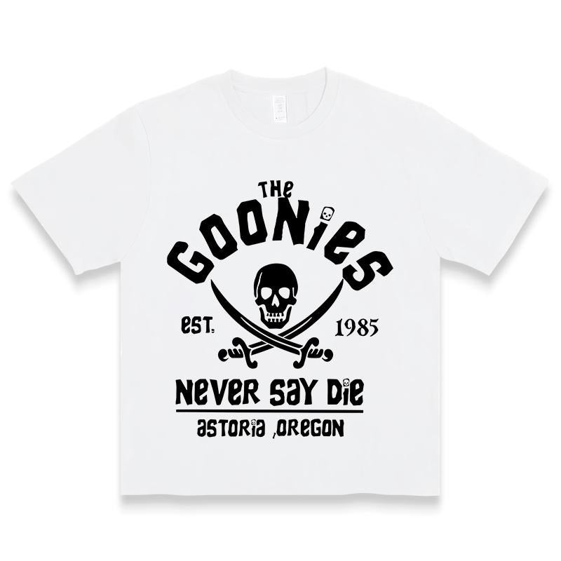 Men's T-Shirts In White And Black With "The Goonies Never Say Die" Slogan And Skull-And-Crossbones Graphic Design Perfect...