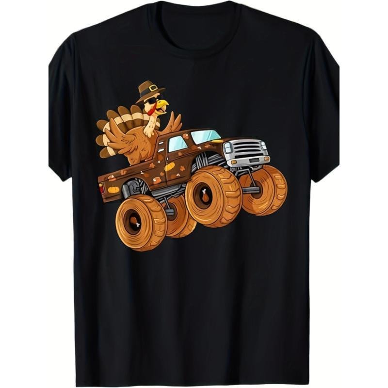 Men's T-shirt With Thanksgiving Turkey Riding A Monster Truck -  100% Cotton T-shirt made in usa Hoodie, Sweatshirt