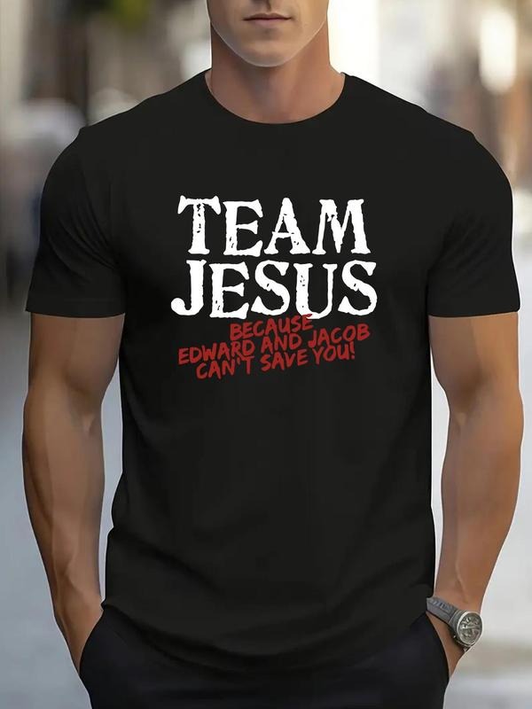 Men's Team Jesus Print Round Neck Tee, Regular Fit Casual Short Sleeve Crew Neck T-Shirt for Daily Wear, Men's Top for...