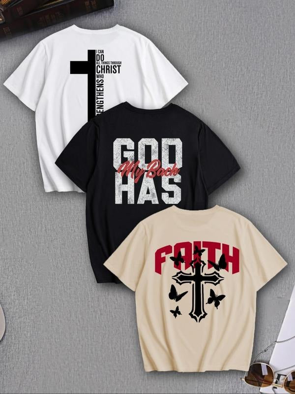 Men's Three-piece Set, Letter & Butterfly & Cross Print Short Sleeve Graphic Tee, Loose Casual Round Neck T-shirt for...
