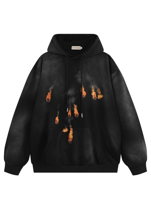Men's Tie Dye Washed Flame Print Hoodie, Casual Fashion Long Sleeve Pullover, Fall Winter Streetwear, Trendy Men's...