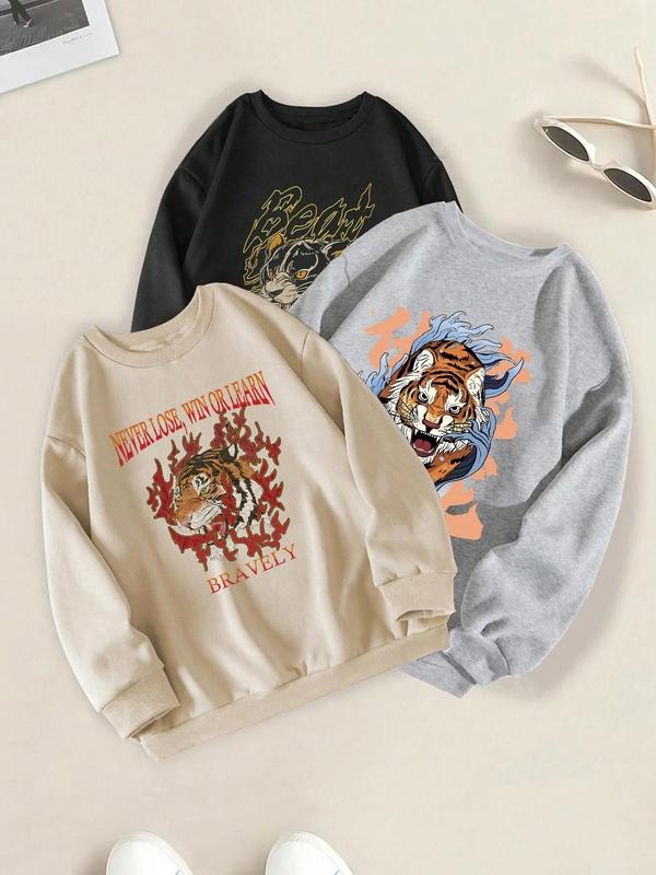 Men's Tiger & Letter Print Crewneck Sweatshirt, Regular Fit Casual Long Sleeve Round Neck Pullover for Fall & Winter,...