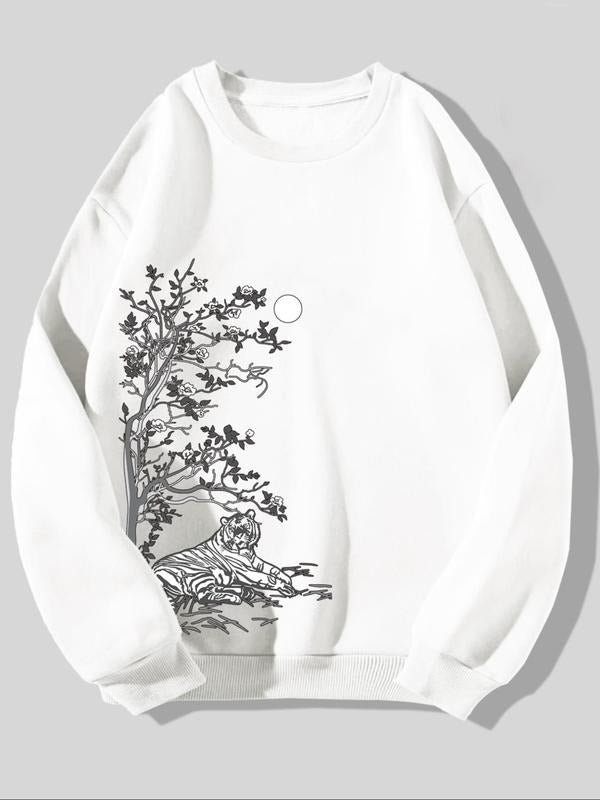 Men's Tiger & Tree Print Drop Shoulder Sweatshirt, Loose Casual Soft Comfy Long-Sleeve Crew Neck Pullover for Fall &...