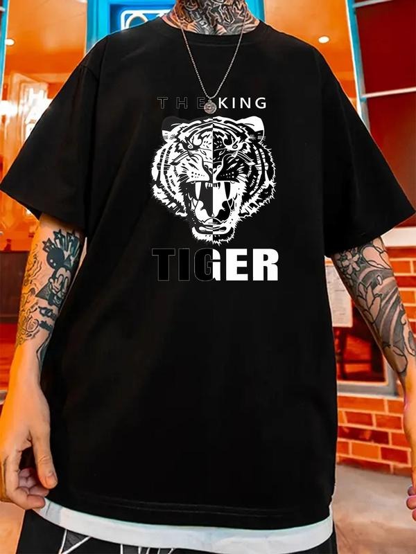Men's Tiger Graphic Print Drop Shoulder Crew Neck Tee, Loose Casual Comfy Short Sleeve Round Neck T-shirt for Summer,...