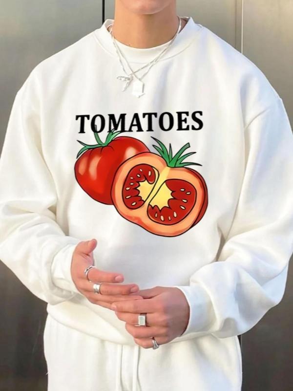 Men's Tomatoes Print Drop Shoulder Sweatshirt, Regular Fit Casual Soft Comfy Long Sleeve Round Neck Pullover for Fall &...