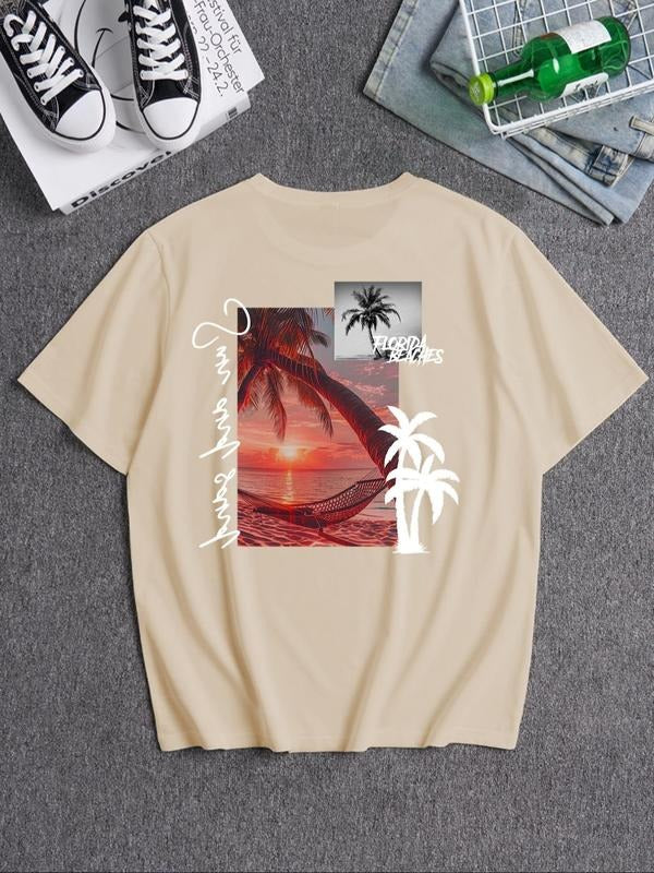 Men's Tree & Letter Print Round Neck Tee, Loose Casual Short Sleeve T-shirt for Summer, Men's Top for Beach Vacation...