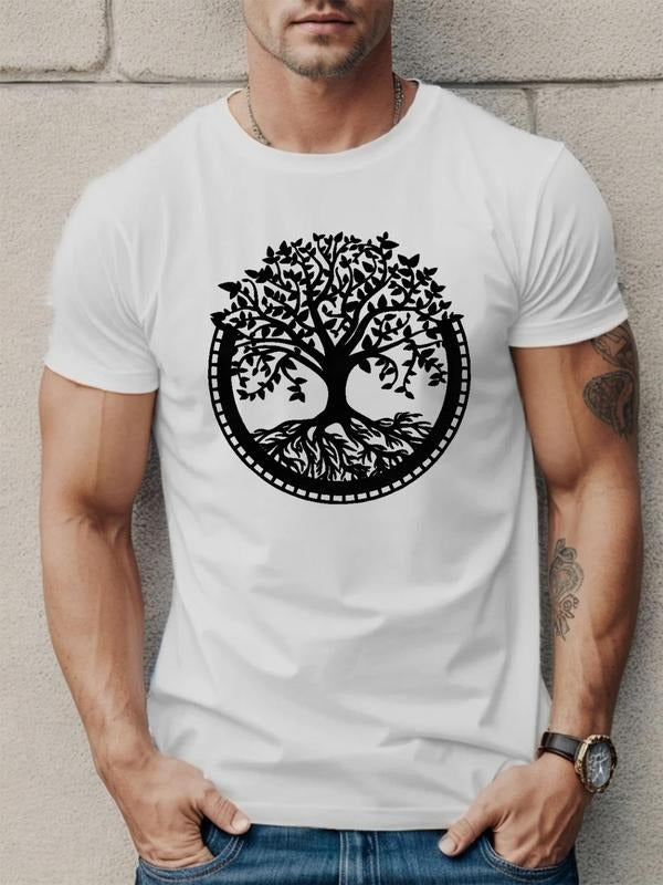 Men's Tree Print Round Neck Tee, Regular Fit Casual Short Sleeve Crew Neck T-Shirt for Daily Wear, Men's Top for All...