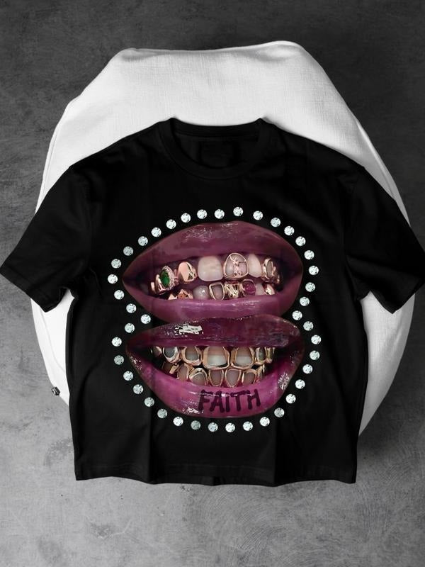 Men's Trendy Fashion Lip Diamond Print Round Neck Short Sleeve T-Shirt, Casual Streetwear Commuter Wear, All Seasons...