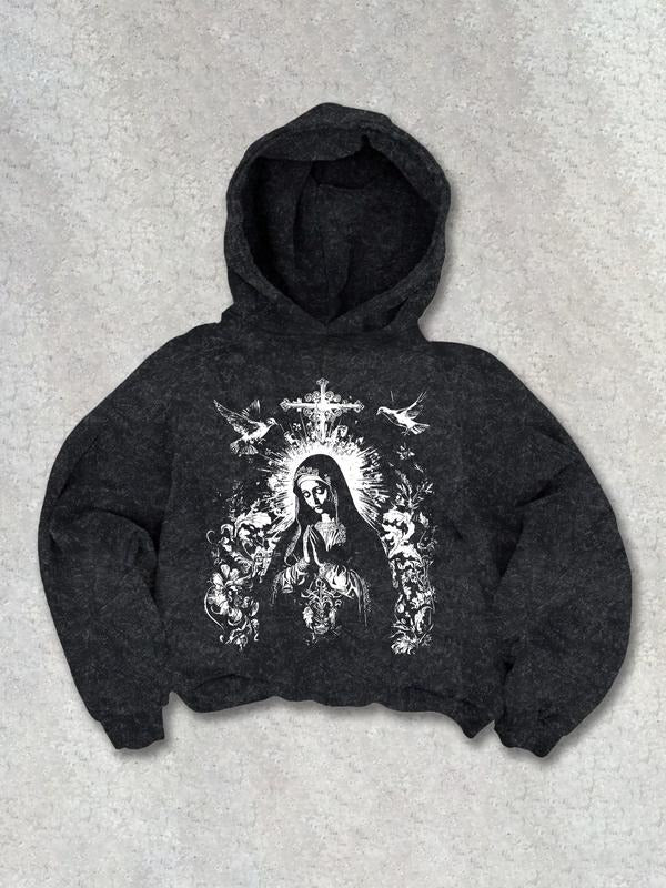 Men's Trendy Hooded Sweatshirt with Virgin Mary Prayer Print, Casual Regular Fit, Letter Pattern, Fall Winter Fashion...