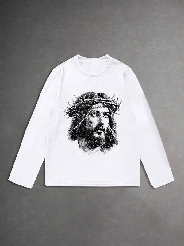Men's Trendy Jesus Graphic Print Crew Neck Long Sleeve T-Shirt, Casual Fashion Tee for Daily Wear, Comfortable...