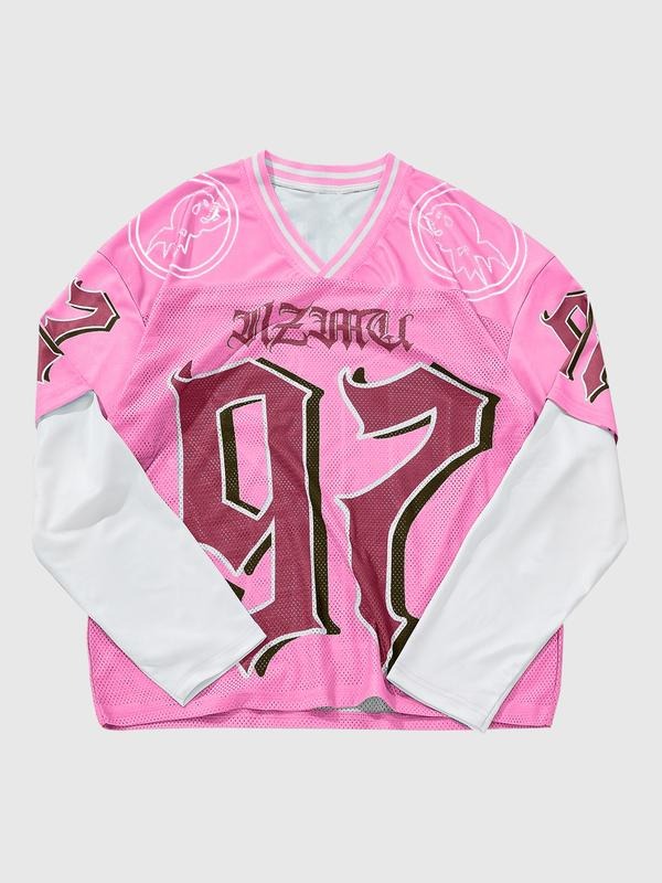 Men's Trendy Long Sleeve T-Shirt, Digital Print Fake Two-Piece Design, Breathable Mesh, Casual Streetwear, Sports College...