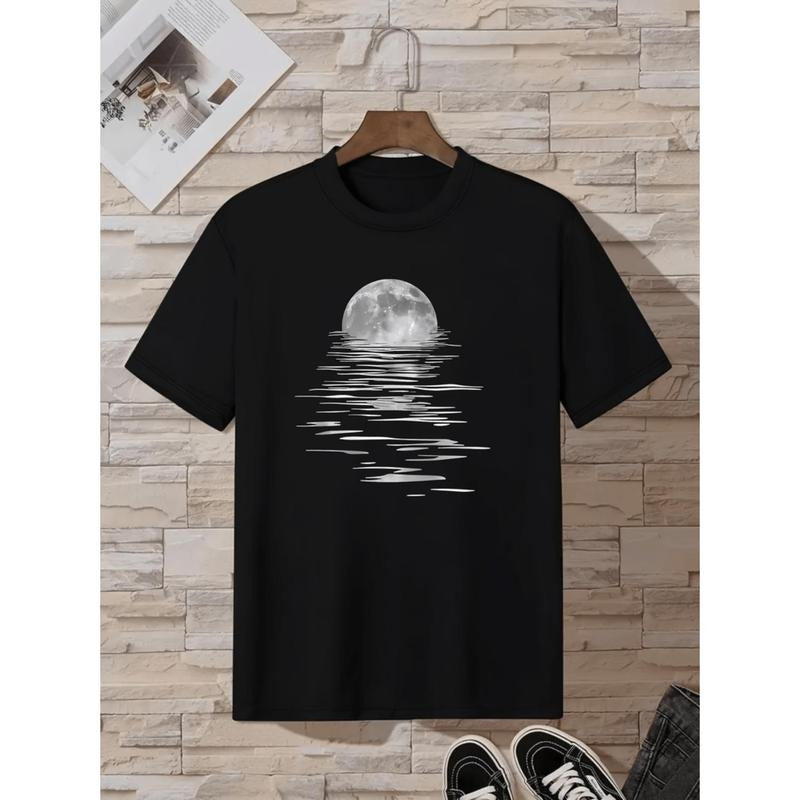 Men's Trendy Moon Graphic Print T-Shirt Casual Crew Neck Short Sleeve Tee For Spring Summer Streetwear Fashion...