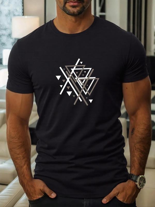 Men's Triangular Geometry Print Round Neck Tee, Regular Fit Casual Short Sleeve Crew Neck T-Shirt for Daily Wear, Men's...
