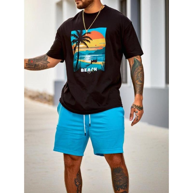 Men's Tropical Beach Print Cotton T-Shirt