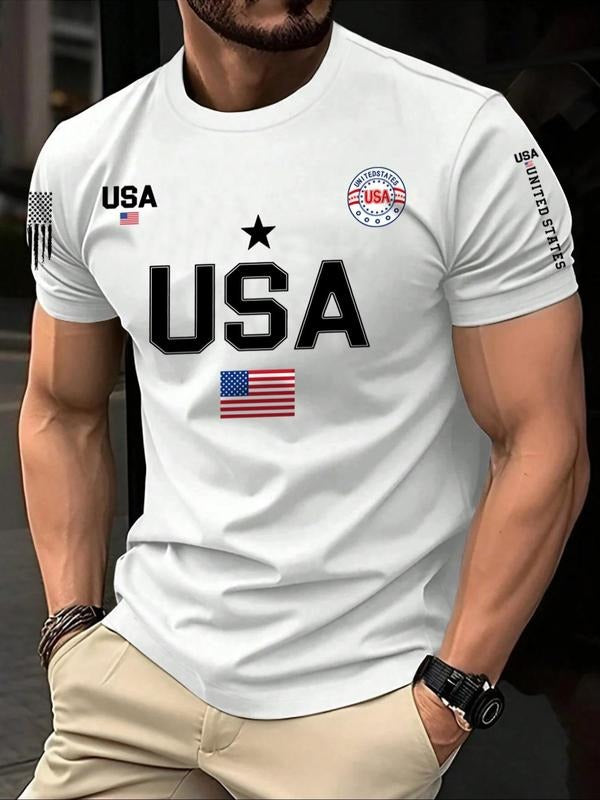 Men's USA Flag Print Round Neck Tee, Regular Fit Casual Short Sleeve Crew Neck T-Shirt for Summer, Fashion Men's Top for...