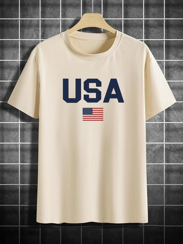 Men's USA Flag Print Round Neck Tee, Regular Fit Casual Short Sleeve Crew Neck T-Shirt for Summer, Fashion Men's Top for...