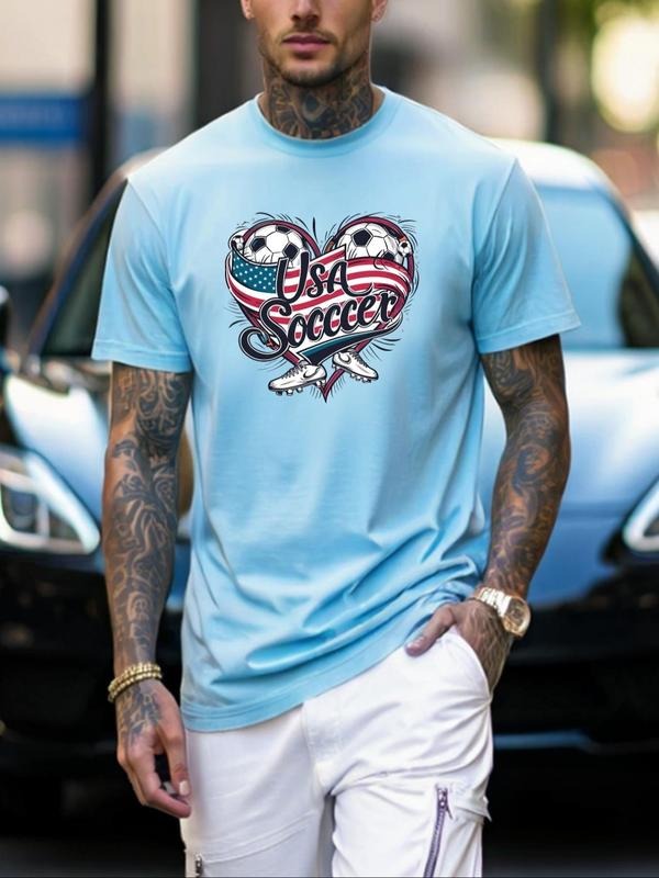 Men's USA Soccer Heart Print Round Neck Tee, Regular Fit Casual Short Sleeve Crew Neck T-Shirt for Daily Wear, Men's Top...