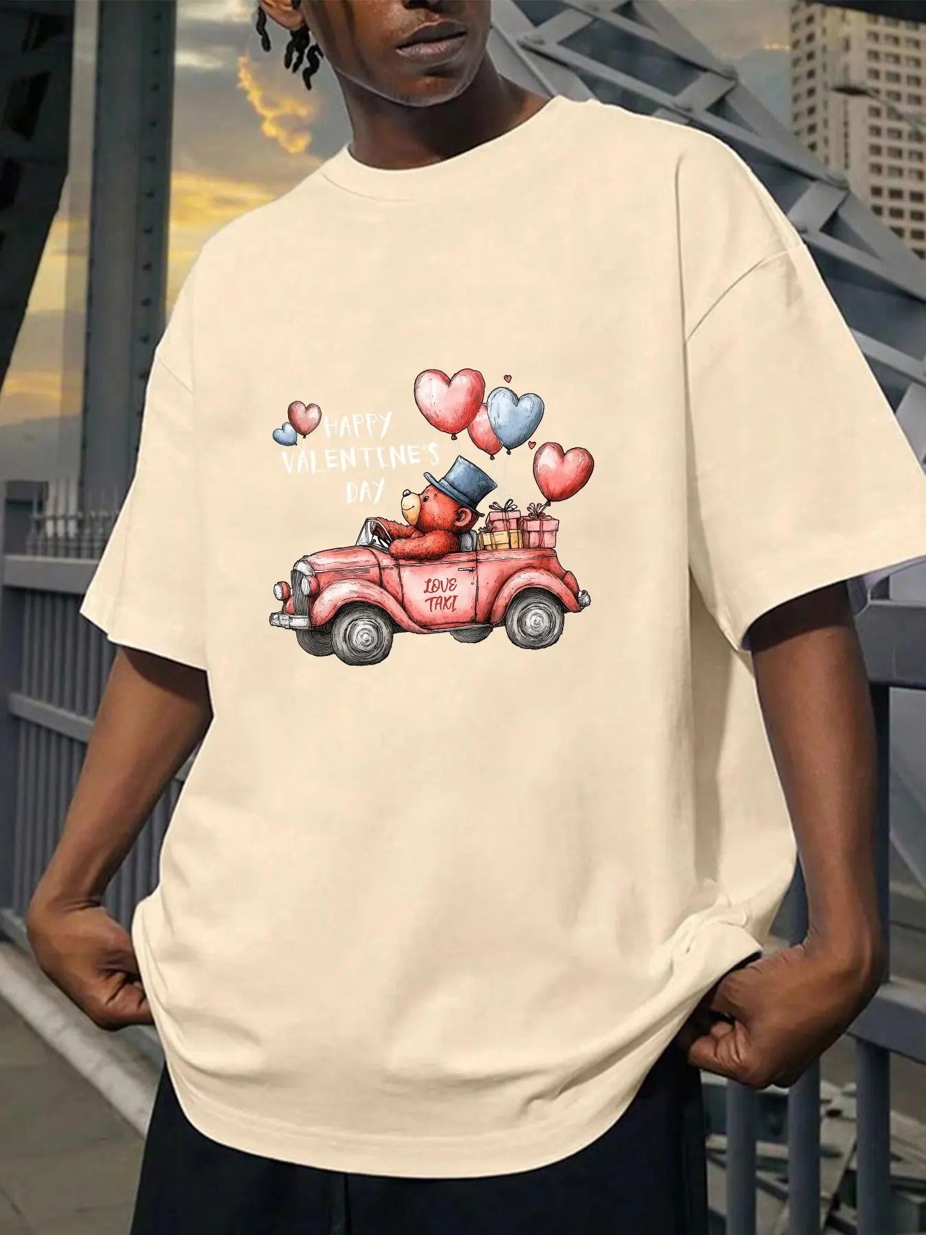 Men's Valentine's Day Themed Cartoon Bear Graphic Print Drop Shoulder Crew Neck Tee, Casual Loose-Fitting Short Sleeve...