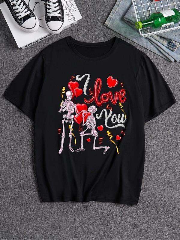 Men's Valentine's Day Themed Skull Graphic Print Round Neck Tee, Loose Street Fashion Casual Comfy Short Sleeve Crew Neck...