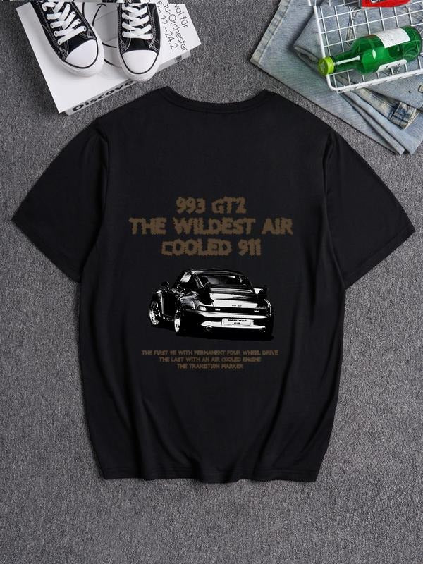 Men's Vintage Car & Letter Print Round Neck Tee, Loose Casual Short Sleeve T-shirt for Summer, Men's Top for Daily Wear...