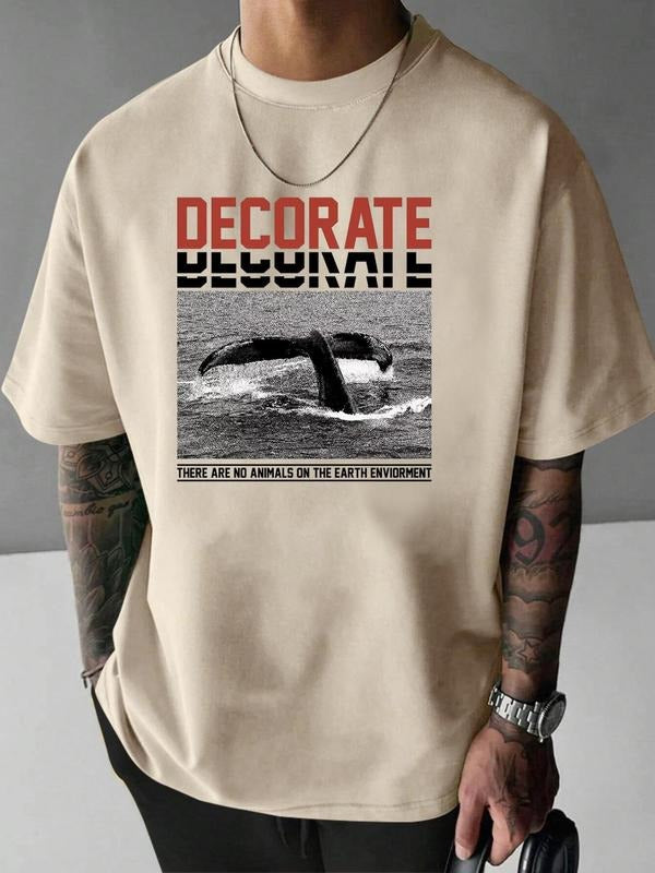 Men's Whale & Letter Print Round Neck Graphic Tee, Vintage Trendy Casual   T-shirt for Daily Wear, Men's Summer Wear...