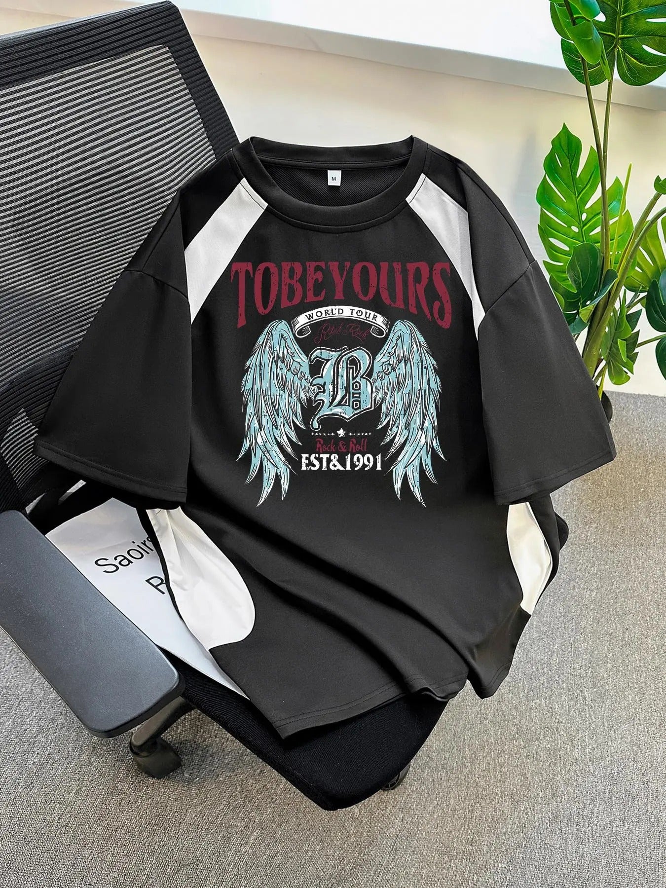 Men's Wing & Letter Print Tee, Regular Fit Casual Short Sleeve Round Neck T-shirt for Summer, Men's Top for Daily Wear...