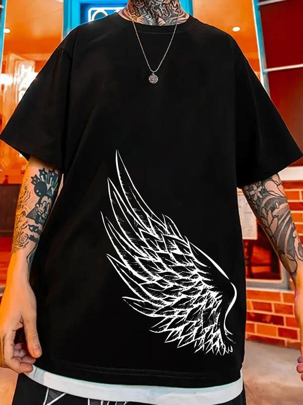 Men's Wing Print Short Sleeve Tee, Loose Casual Street Fashion Round Neck T-shirt for Daily Wear, Men's Clothes for All...
