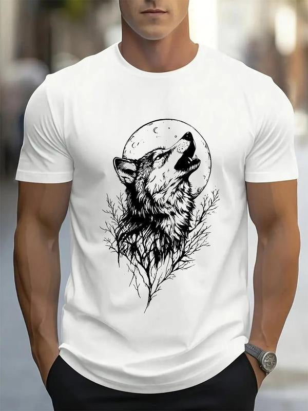 Men's Wolf & Moon Print Short Sleeve Graphic Tee, Regular Fit Casual Round Neck T-shirt for Daily Wear, Men's Top for All...