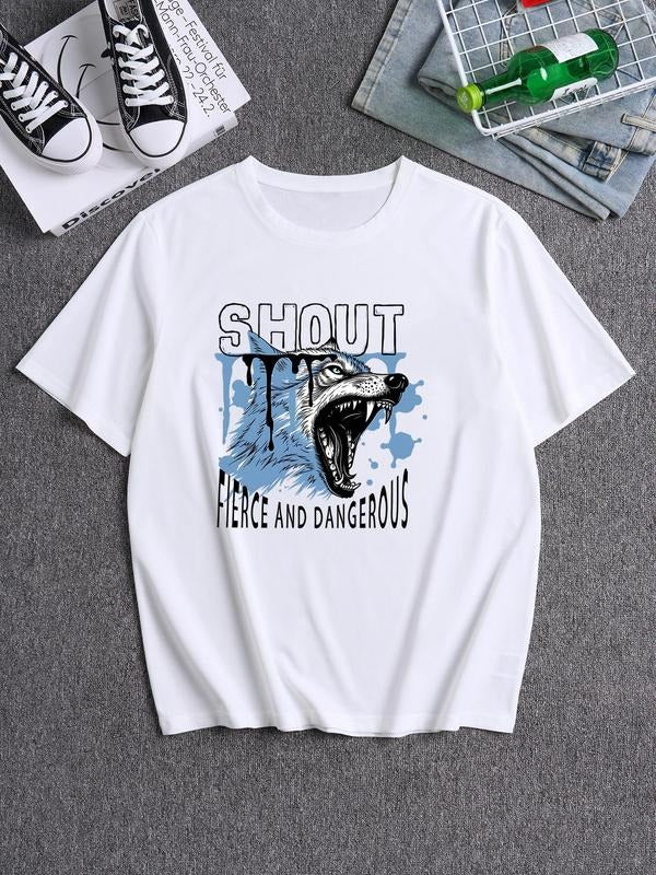 Men's Wolf Graphic Print Round Neck Tee, Loose Casual Comfy Short Sleeve Crew Neck T-shirt for Summer, Men's All-Match...