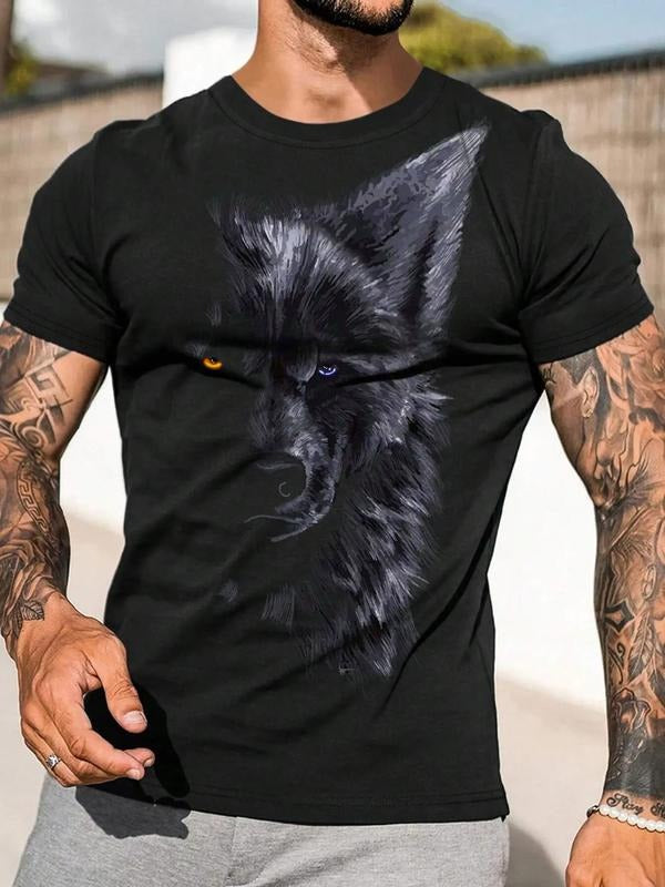 Men's Wolf Print Round Neck Tee, Summer Clothes, Casual Regular Fit Short Sleeve Crew Neck T-Shirt for Summer, Fashion...