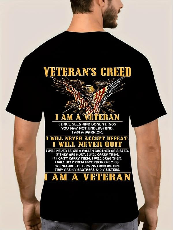 Men's digital printed T-shirt with patriotic and national flag design text, patriotic style colors, casual round neck...