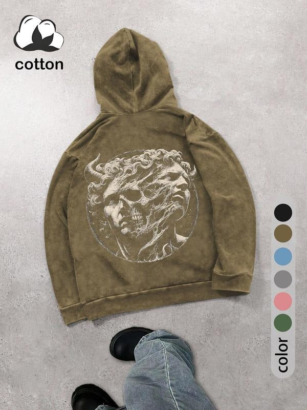 Men's street retro classical sculpture style washed hooded sweatshirt fashion trend casual long-sleeved hoodie, men's...