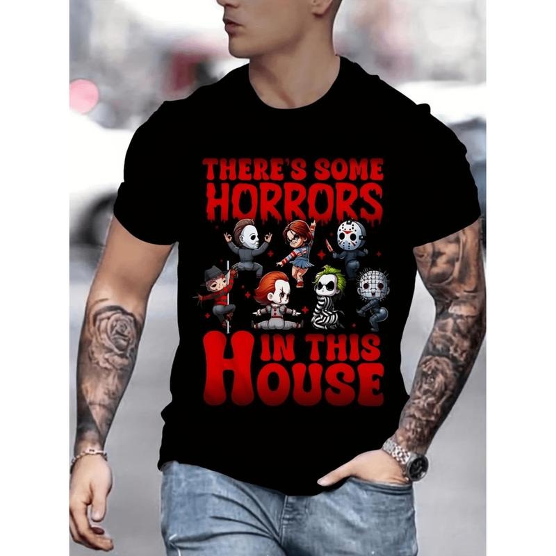 Mens Black Casual T-Shirt Featuring Playful Horror-Themed 3D Print Design with Cartoon Characters Perfect for Horror...