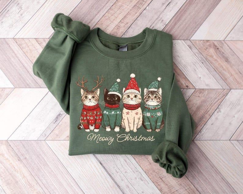 Meowy Christmas Shirt, Cat Christmas Sweatshirt, Cat Lover Xmas T-Shirt, Christmas Cat Mom Sweater, Catmas Gift For New...