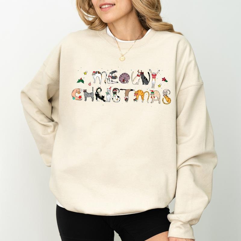 Meowy Christmas Sweatshirt, Cat Mom Christmas Crewneck, Cat Ladies Christmas Long Sleeves Pullover, Cat Lovers Holiday...