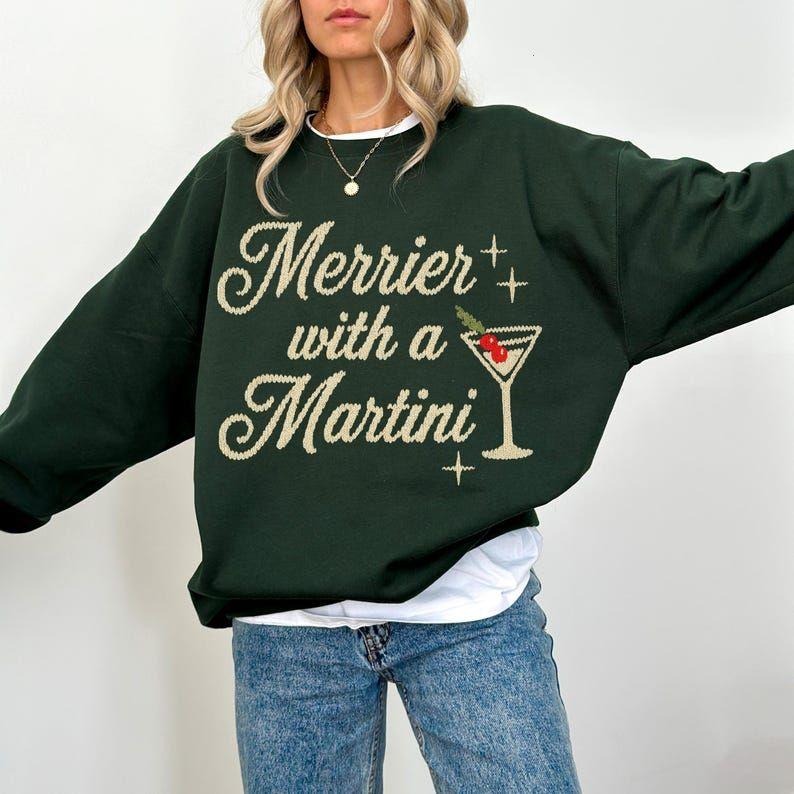 Merrier With a Martini Ugly Christmas Sweashirt for Holiday Party t-shirt Hoodie, Sweatshirt | PodTeesHub.com