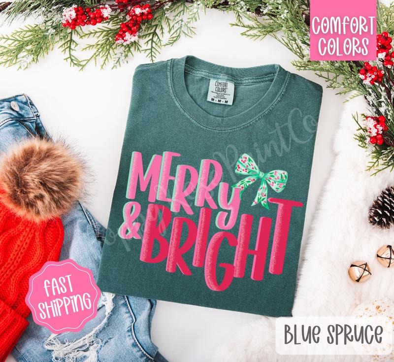 Merry & Bright  Shirt Comfort Colors, Trendy Women's Christmas Tshirt Hoodie, Sweatshirt | PodTeesHub.com