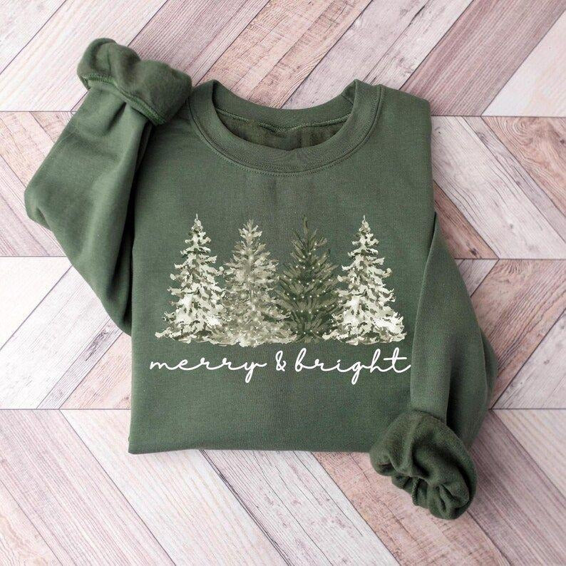 Merry& Bright Christmas Tree Sweatshirt, Womens Festive Holiday t-shirt, Cute Family Xmas Gift Hoodie | PodTeesHub.com