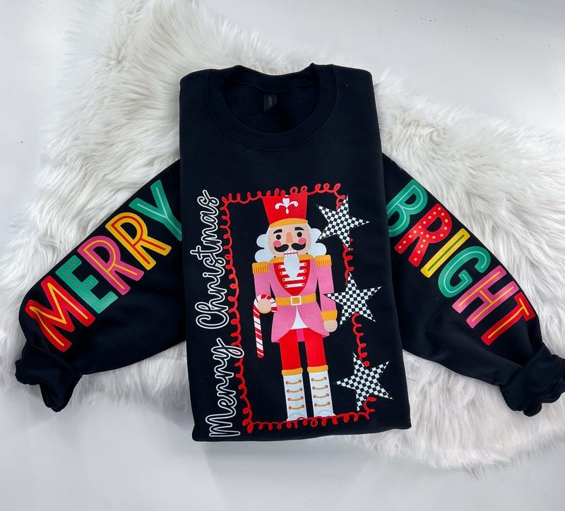 Merry Bright Nutcracker Checkered Christmas Gift Sweatshirt or Hoodie with sleeve print Comfy Sublimation Tops Unisex...