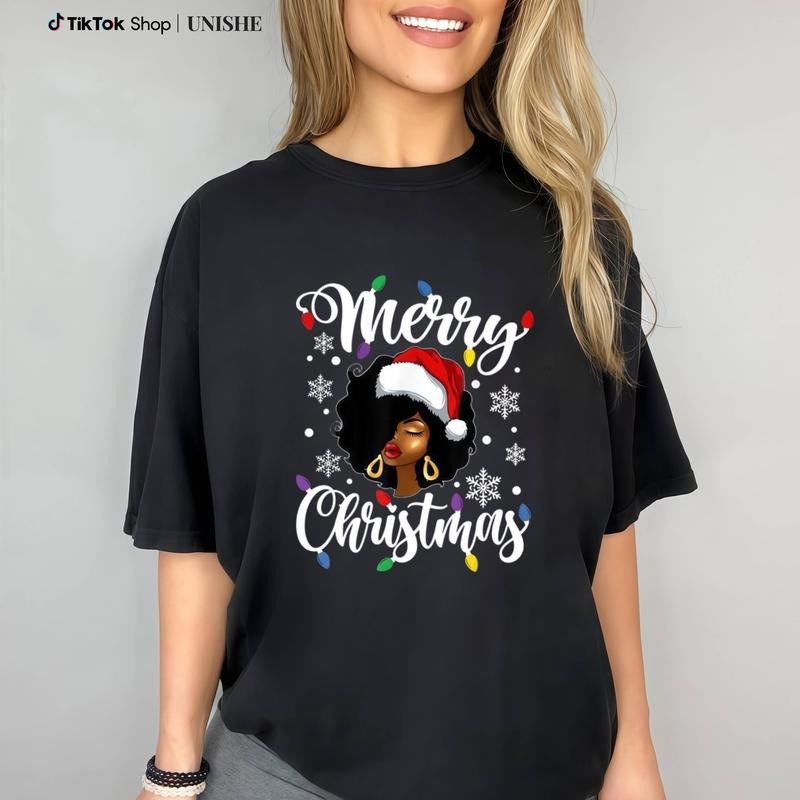 Merry Christmas Black Woman Tee with Festive Xmas Lights Hoodie, Sweatshirt | PodTeesHub.com
