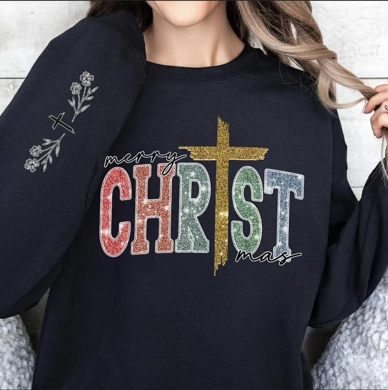 Merry Christmas Christian Jesus Cross Print on Sleeve Crewneck Sweater, Religious Faith Holiday Gift, Bible Verse...
