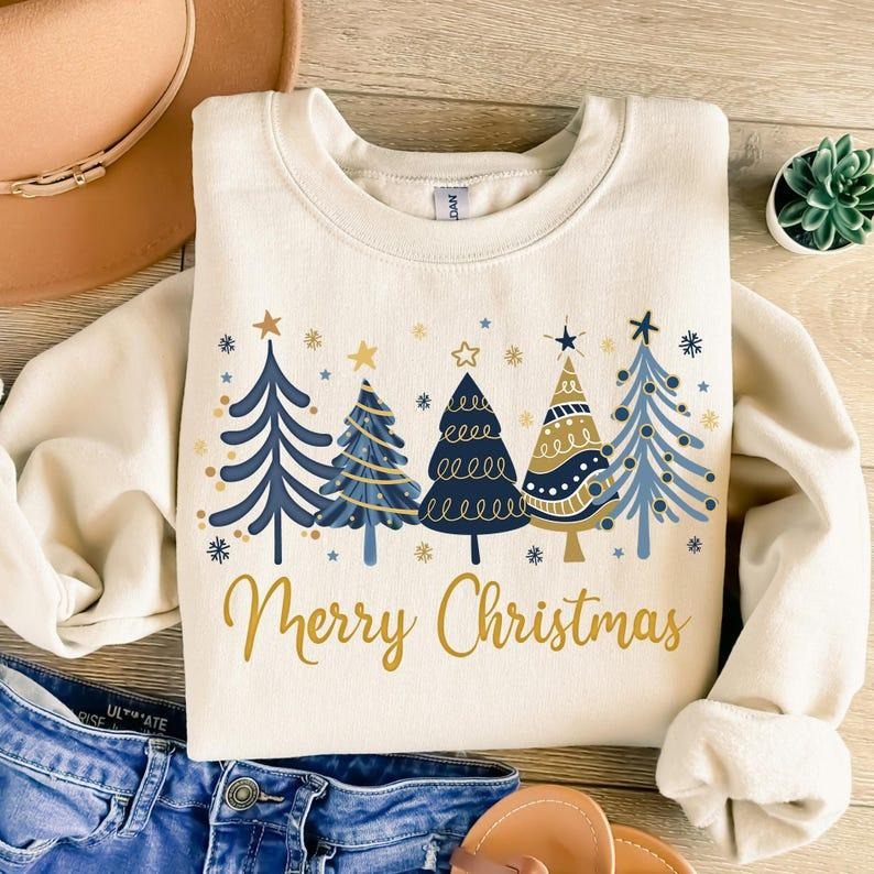 Merry Christmas Christmas Trees Sweatshirt, Blue Gold Christmas Shirt, Xmas Holiday Sweatshirt Hoodie | PodTeesHub.com