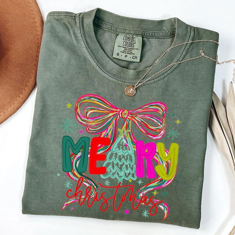 Merry Christmas Coquette Shirt, Preppy Christmas Shirt, Merry and Bright T-Shirt, Bow Christmas Tree Shirt Hoodie, Sweatshirt